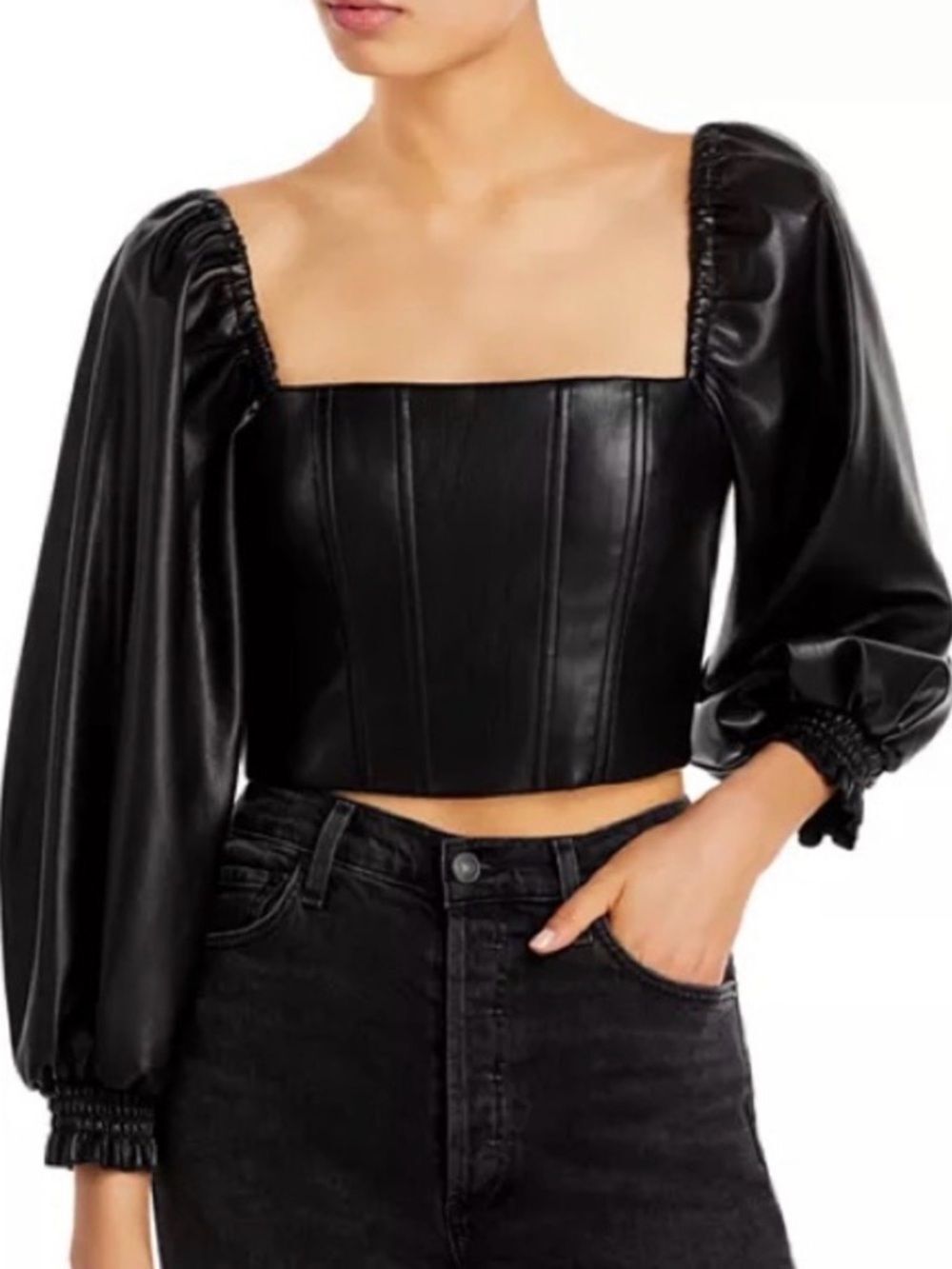 NWOT Alice+Olivia Faux Leather Black Square-Neck Crop Top Puff Sleeves size 2